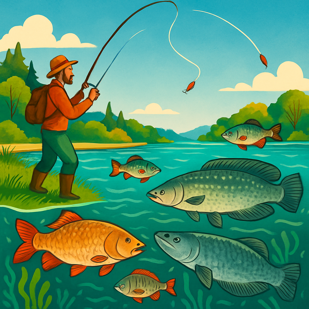 An illustration of a fishing scene with various fish and a fisherman